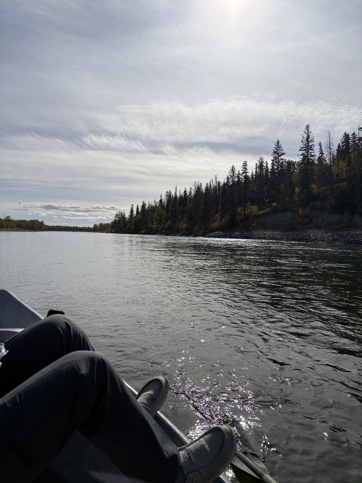View from drift boat while floating the Bow River on guided fishing trip